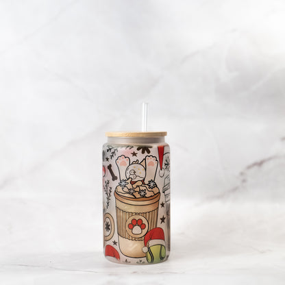 Doodle Mom Christmas Glass Cup w/ Bamboo Lid