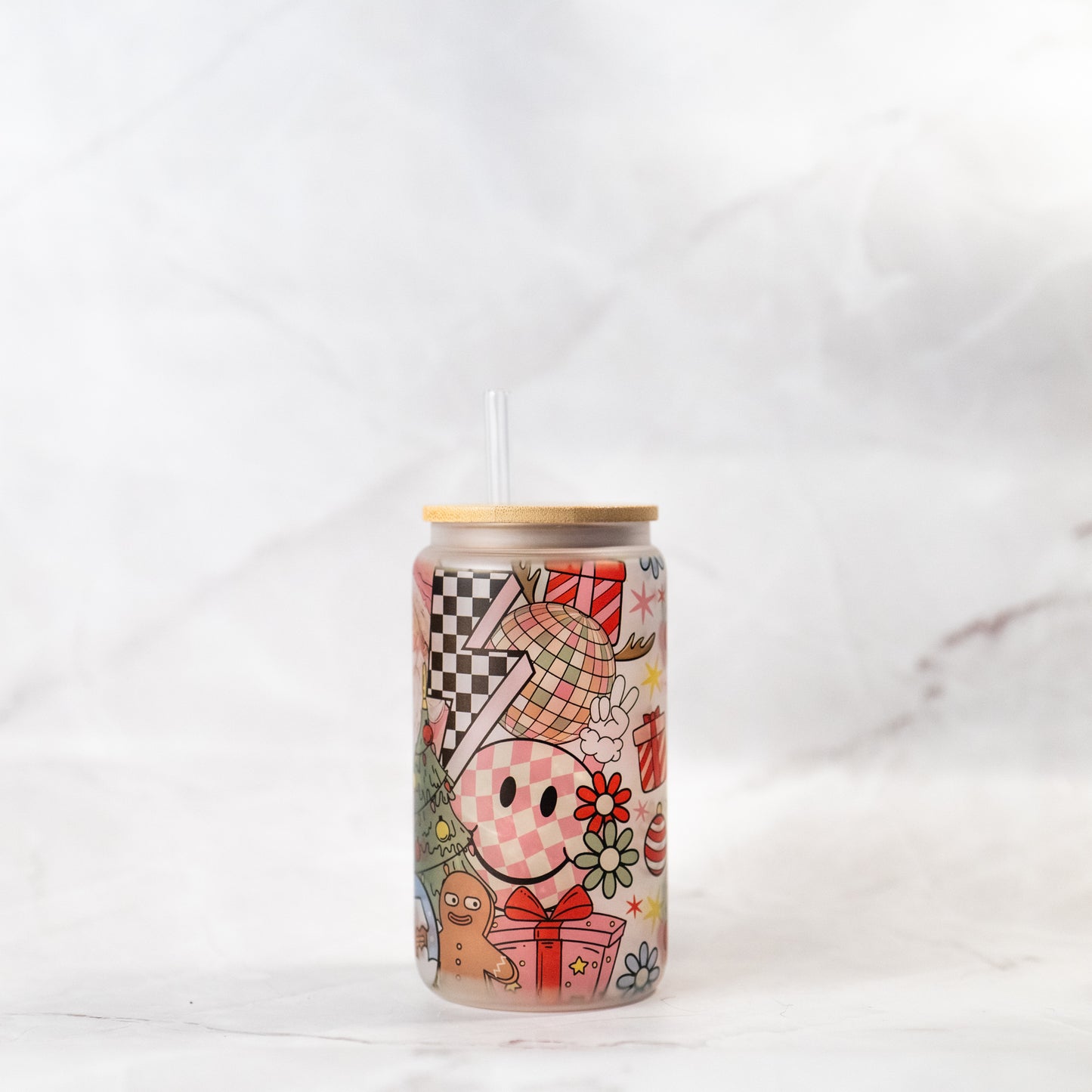 Retro Santa Glass Cup w/ Bamboo Lid