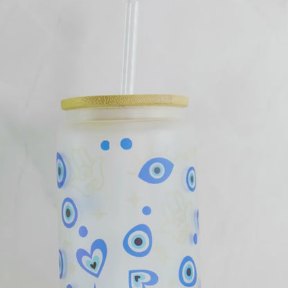 Evil Eye Glass Cup w/ Bamboo Lid